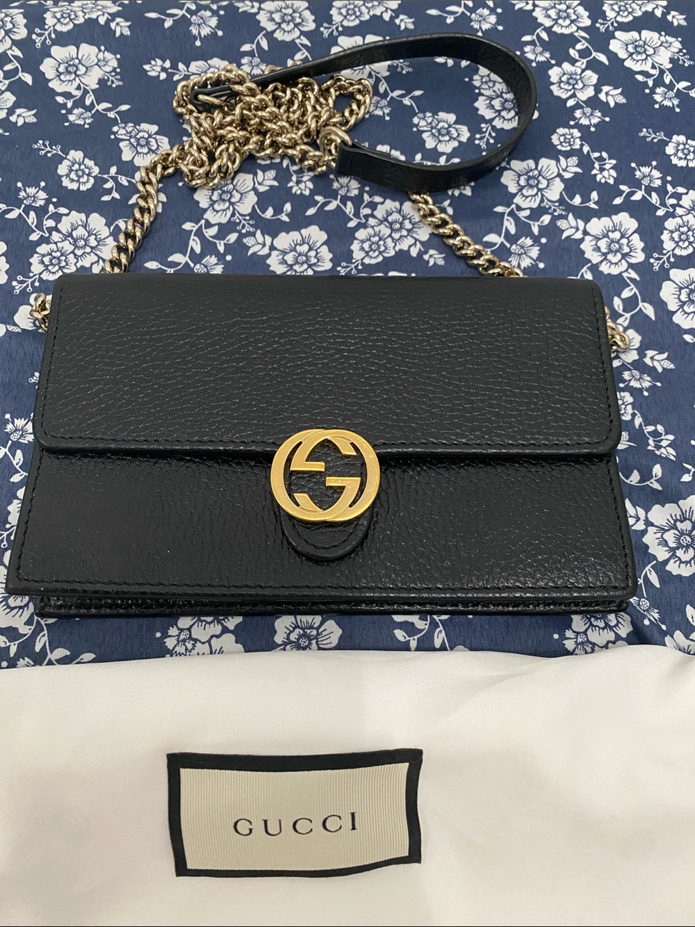 Gucci Black Leather Small Crossbody with Gold GG Chain